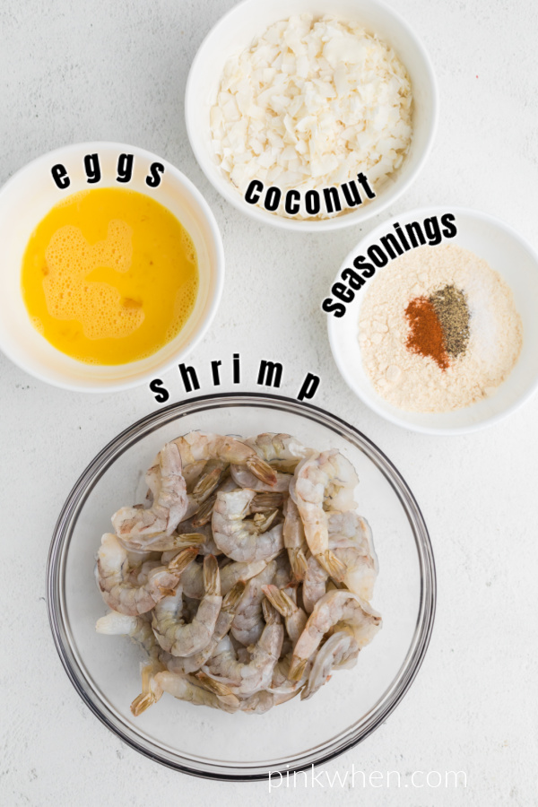 Ingredients needed to make keto coconut shrimp in the air fryer. 