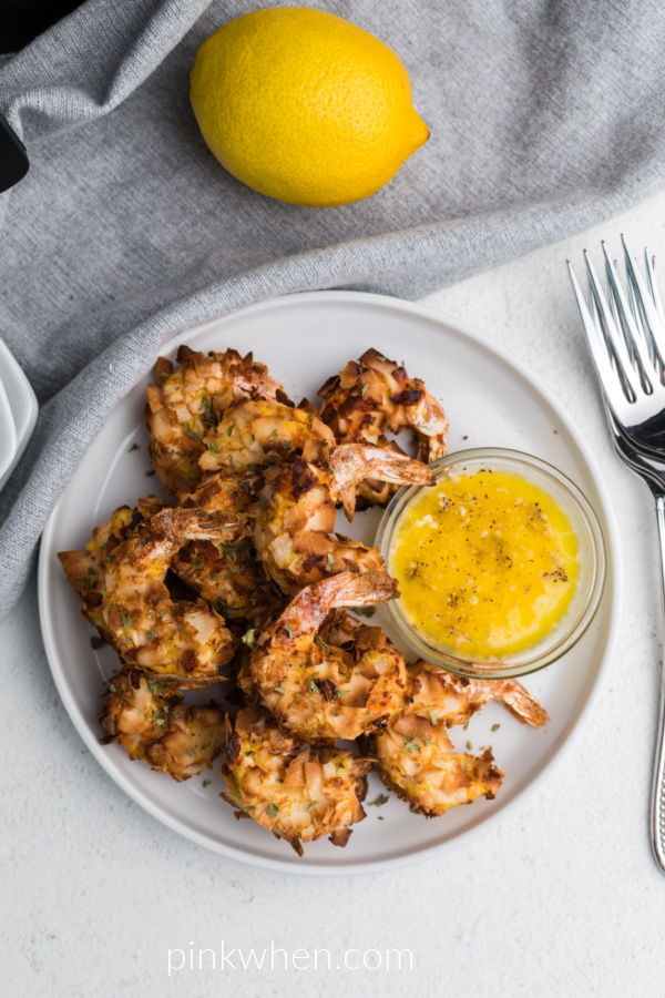 Overhead photo of keto coconut shrimp made in the air fryer served on a white plate. 