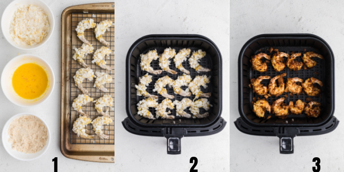 Process steps to make coconut shrimp in the air fryer. 