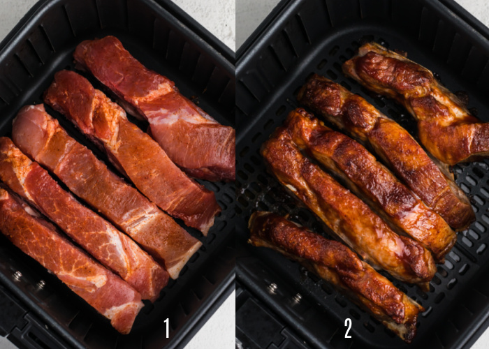 Country style ribs on the air fryer basket precooked, and once fully cooked. 