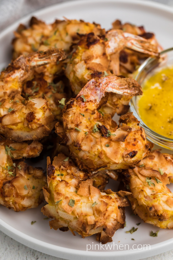 Close up photo of keto coconut shrimp made in the air fryer and served on a white plate. 