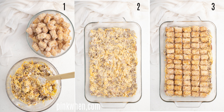 Process of steps to make bacon cheeseburger tater tot casserole before baking it in the oven. 