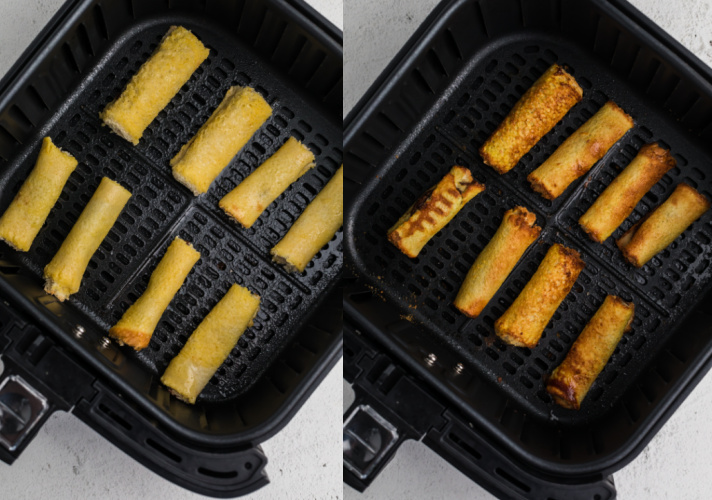 Nutella french toast roll ups in the basket of an air fryer. 