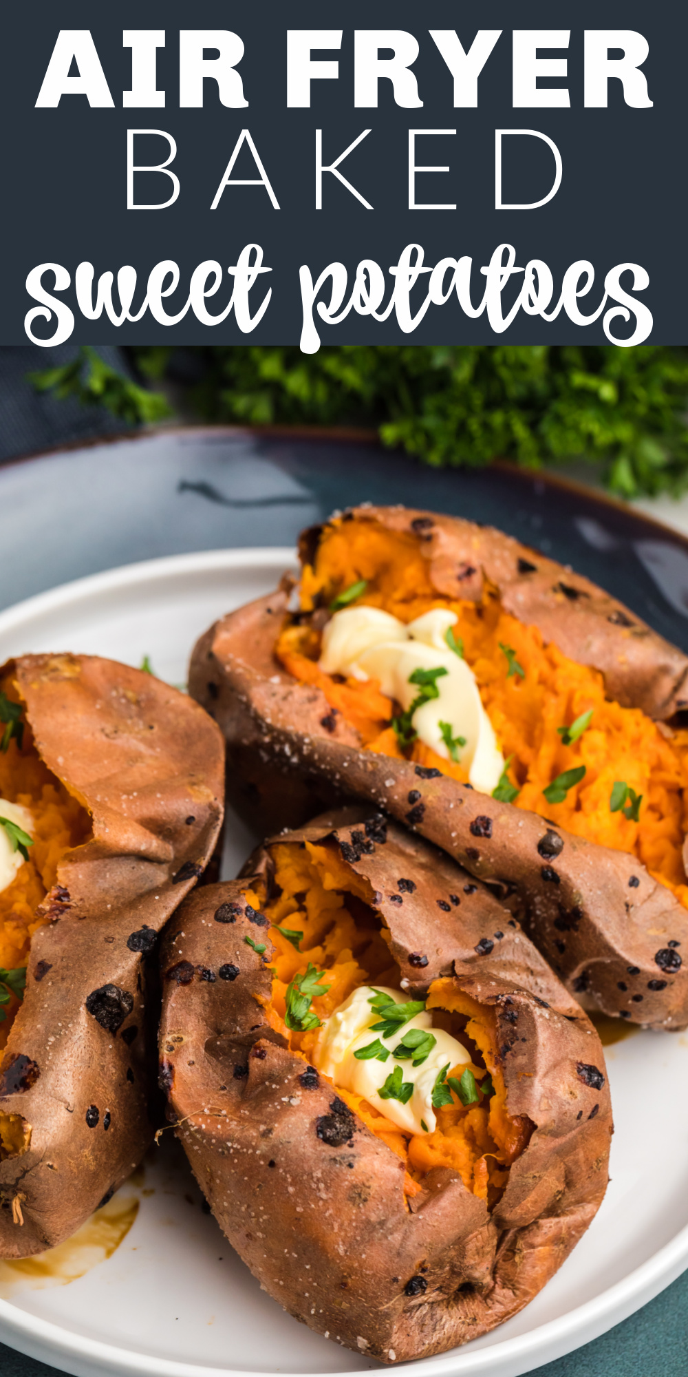 Air Fryer Baked Sweet Potatoes are my new favorite way to make sweet potatoes. You'll get deliciously crispy skin and perfect fluffy potato on the inside. Only 3 ingredients for the best sweet potatoes you'll ever taste.