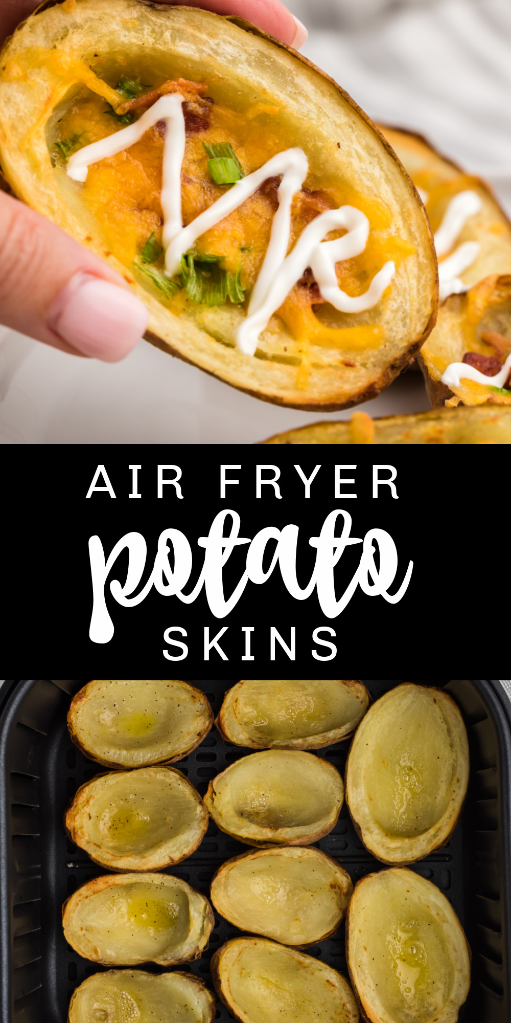 These Air Fryer Potato Skins are crispy, loaded, and delicious! Made with petite potatoes, cheese, bacon, sour cream, and chives. It's the perfect easy air fryer appetizer everyone loves to snack on.