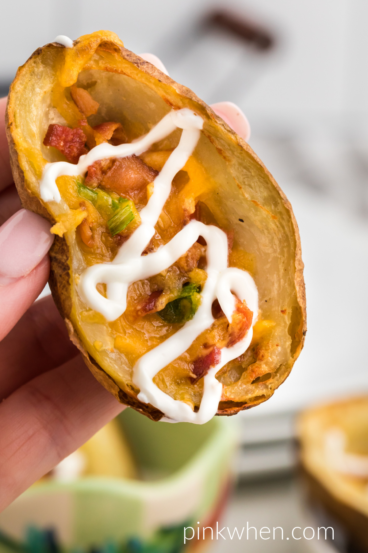Close up shot of fully loaded Air Fryer Potato Skin ready to eat. 