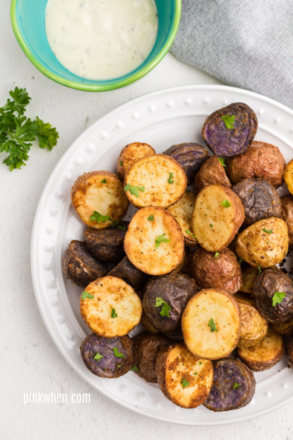 Roasted Potatoes made in the Air Fryer seasoned, and ready to serve. 