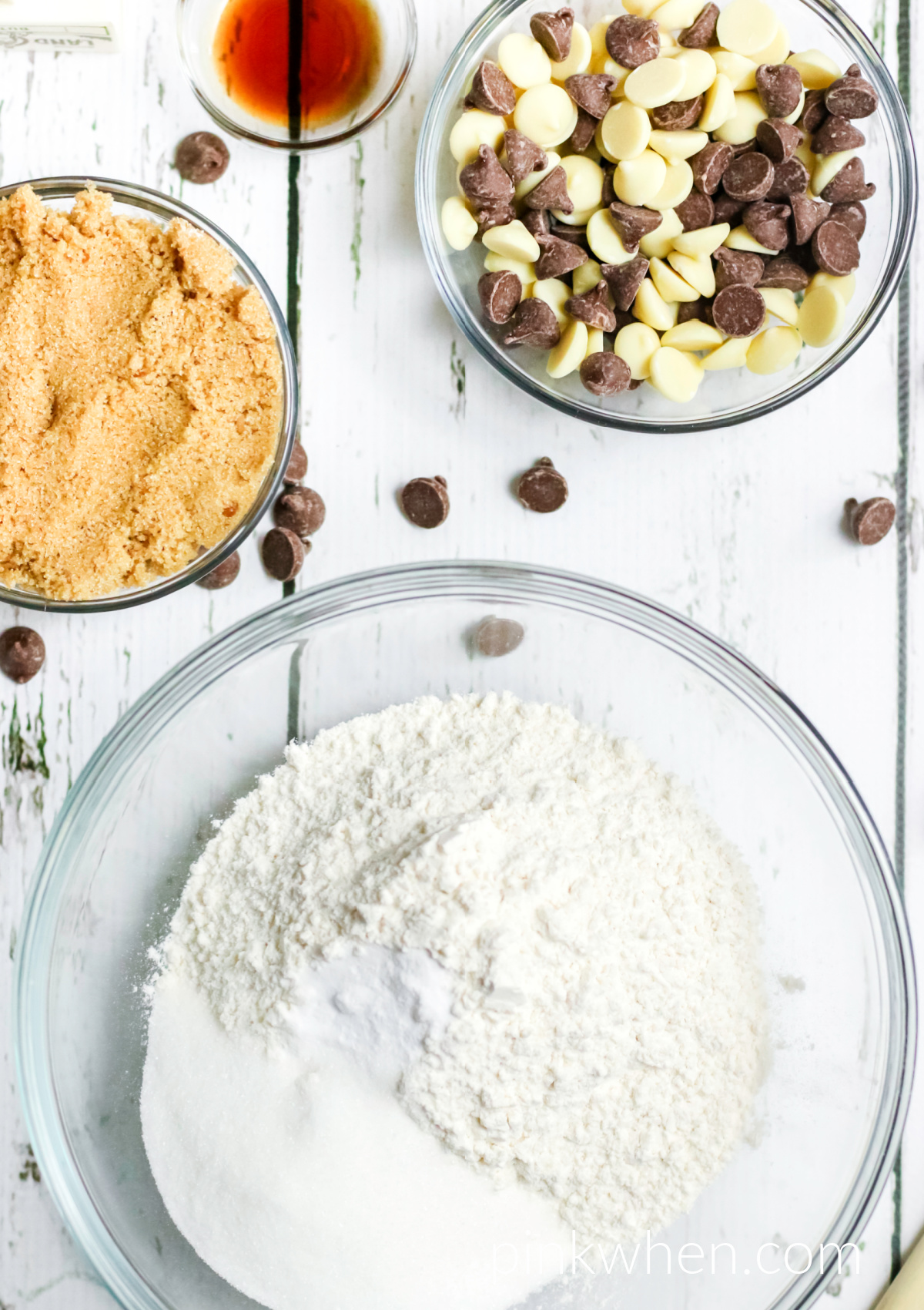 Ingredients needed to make a homemade cookie cake. 