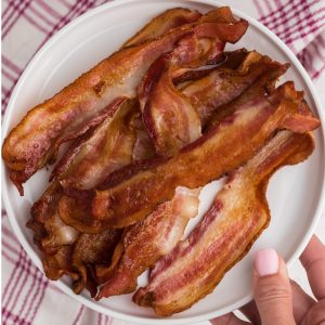 Air Fryer Bacon on a white plate