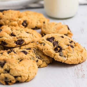 Air Fried Chocolate Chip Cookies on a white table ready to eat.