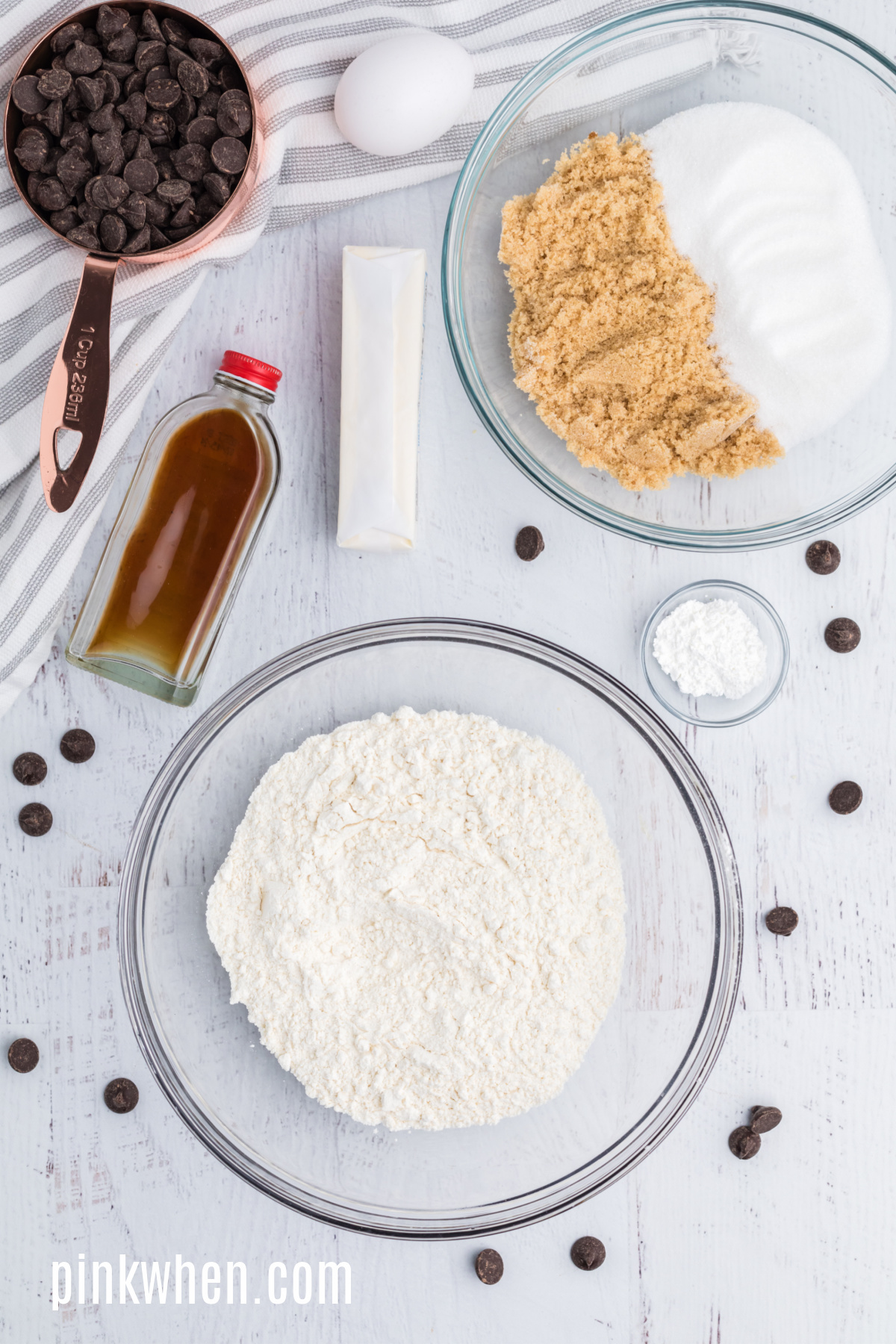 Ingredients needed to make chocolate chip cookies in the air fryer.