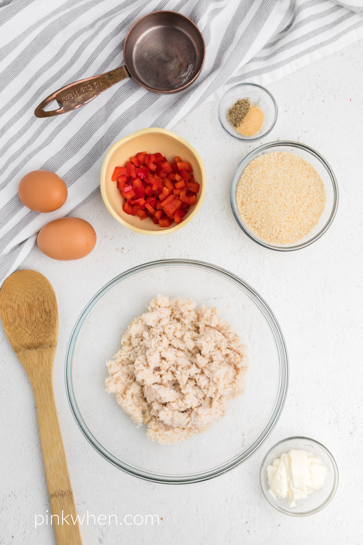 Ingredients needed to make crab cakes. 