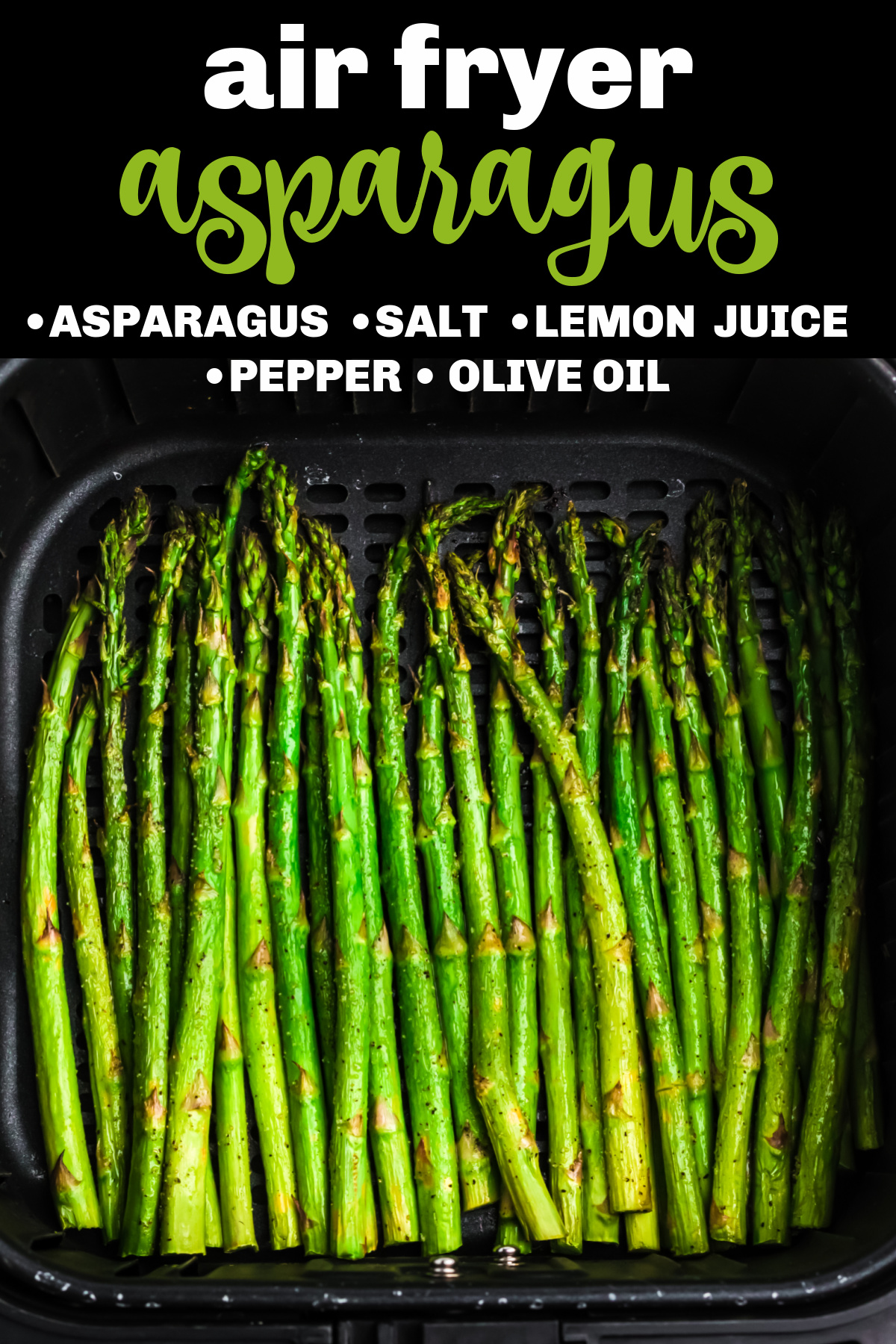 Asparagus in the basket of the air fryer. Image with text.