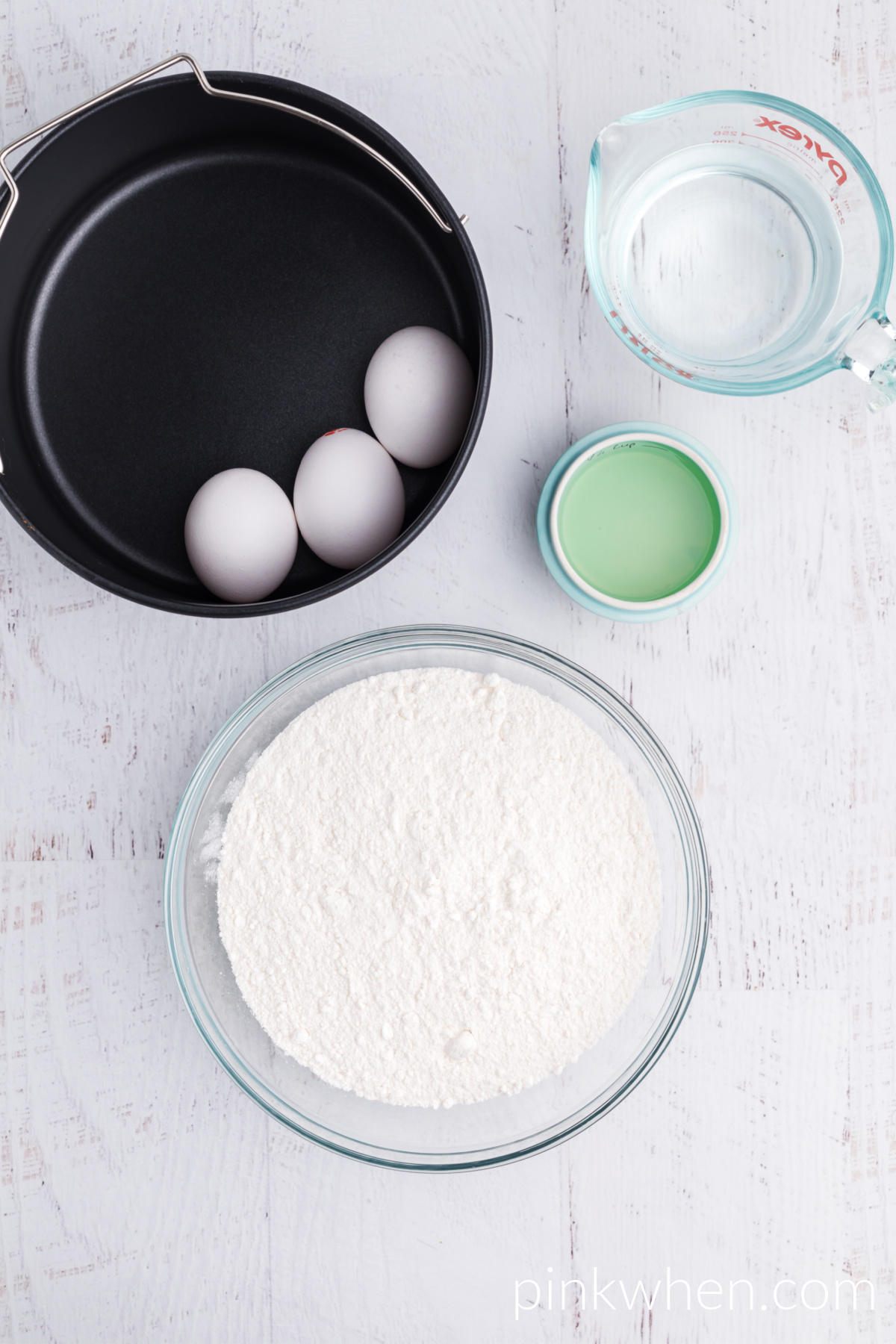 Ingredients needed to make a boxed cake mix in the air fryer. 