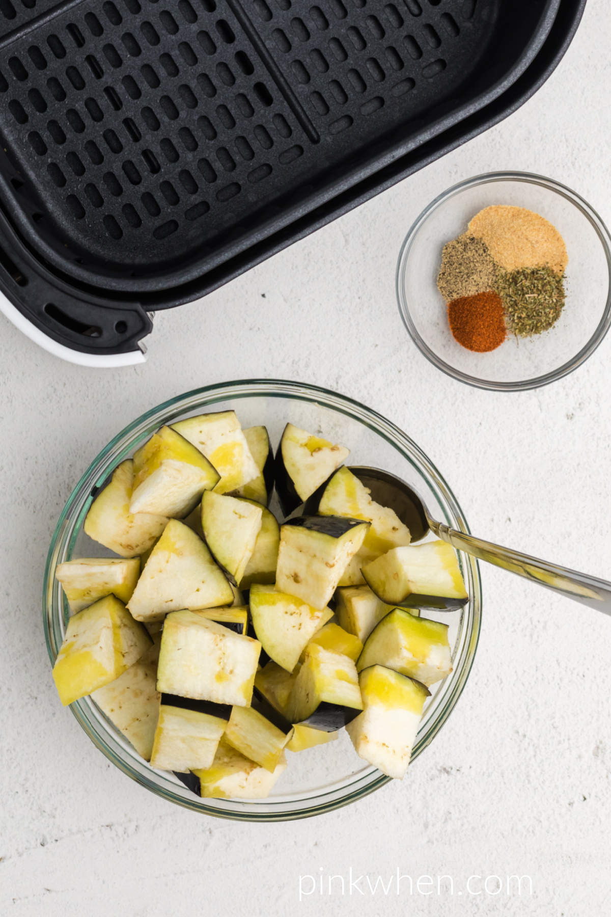 Cut up eggplant in a small bowl tossed in olive oil. 