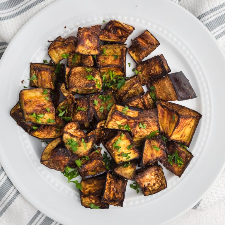 Overhead shot of crispy air fried eggplant.