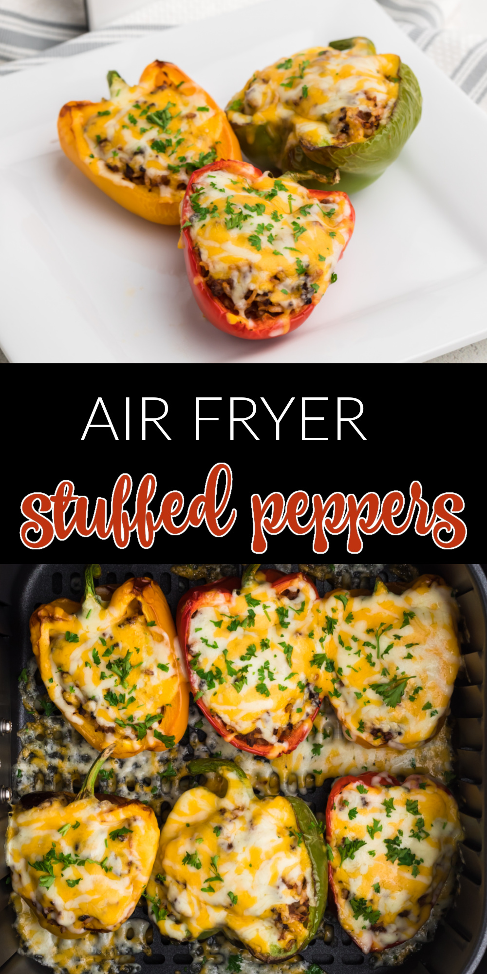 Air Fryer Stuffed Peppers are a delicious and easy appetizer or light lunch or dinner. Made with fresh bell peppers, lean ground beef, colby jack cheese, rice, seasonings, and topped with fresh parsley. You'll love the amazing blend of flavors and this quick and easy air fryer recipe.