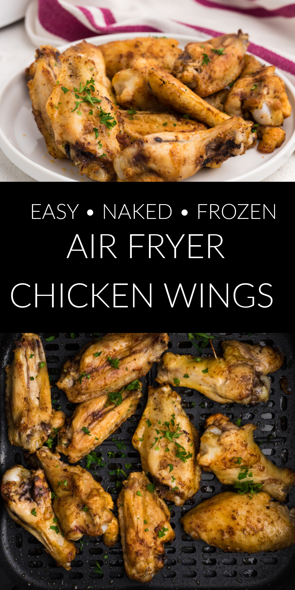 These easy air fryer frozen chicken wings have it all! Crispy browned skin on the outside with juicy and tender meat on the inside. Add a dash of your favorite chicken wing seasoning and you've got a crowd-pleasing appetizer or dinner that the whole family will love. Naked air fryer chicken wings will make restaurant wings a thing of the past!