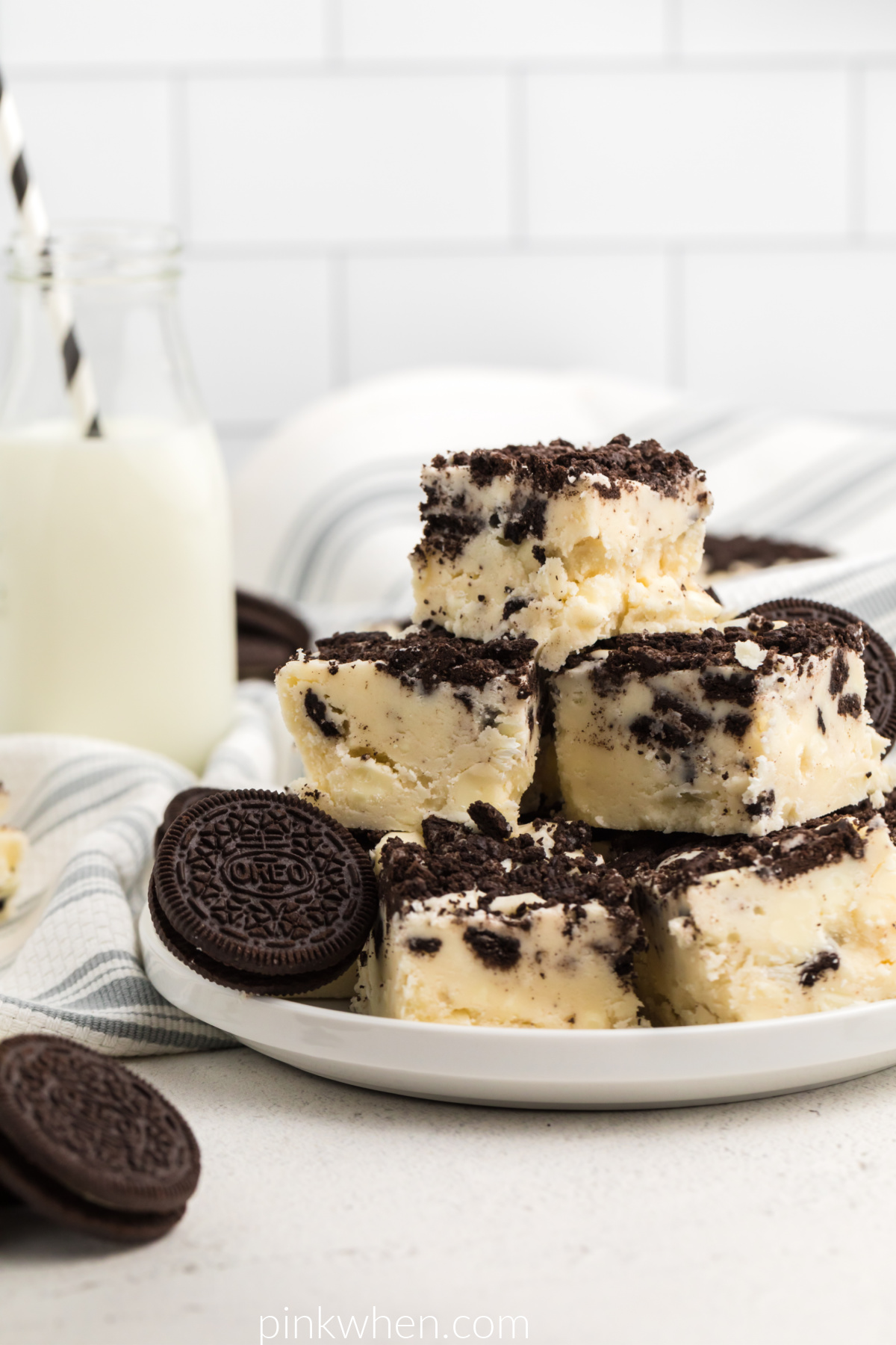 Stacked OREO fudge on a white plate