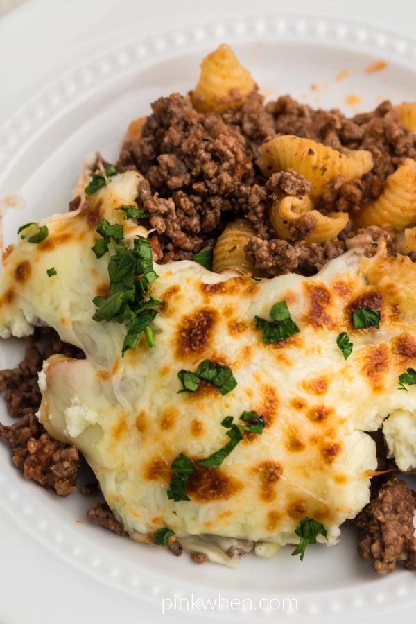 One pot lasagna and shells on a plate ready to eat. 