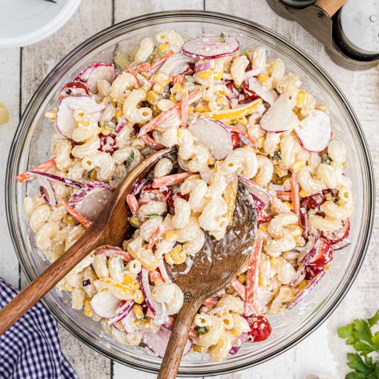 Overhead shot of an easy summer pasta salad recipe ready to serve.