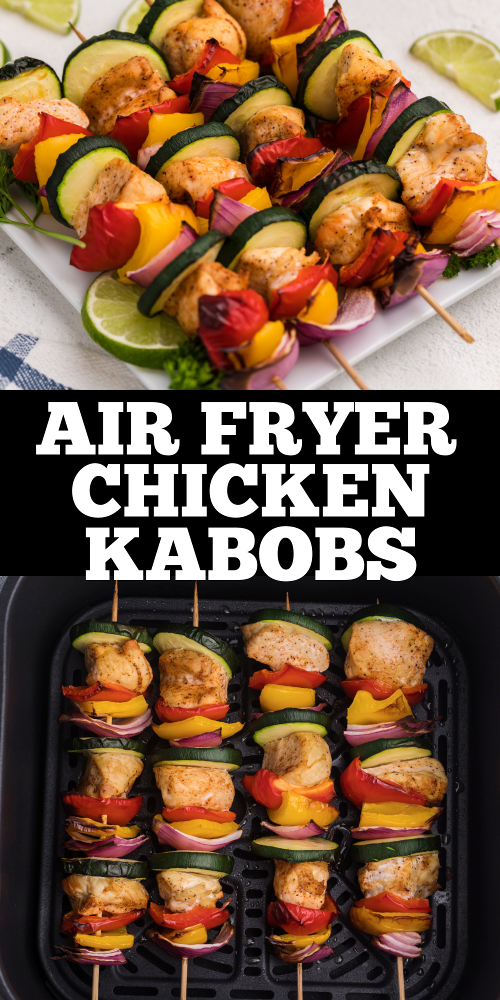 Chicken breast seasoned to perfection with olive oil, Italian seasoning, and black pepper on kabob skewers. Add the beautiful colors and sweet flavors of bell peppers and onions, then cook in the air fryer, and you've got yourself wonderfully delicious chicken kabobs that will have your mouth watering in less than 20 minutes!