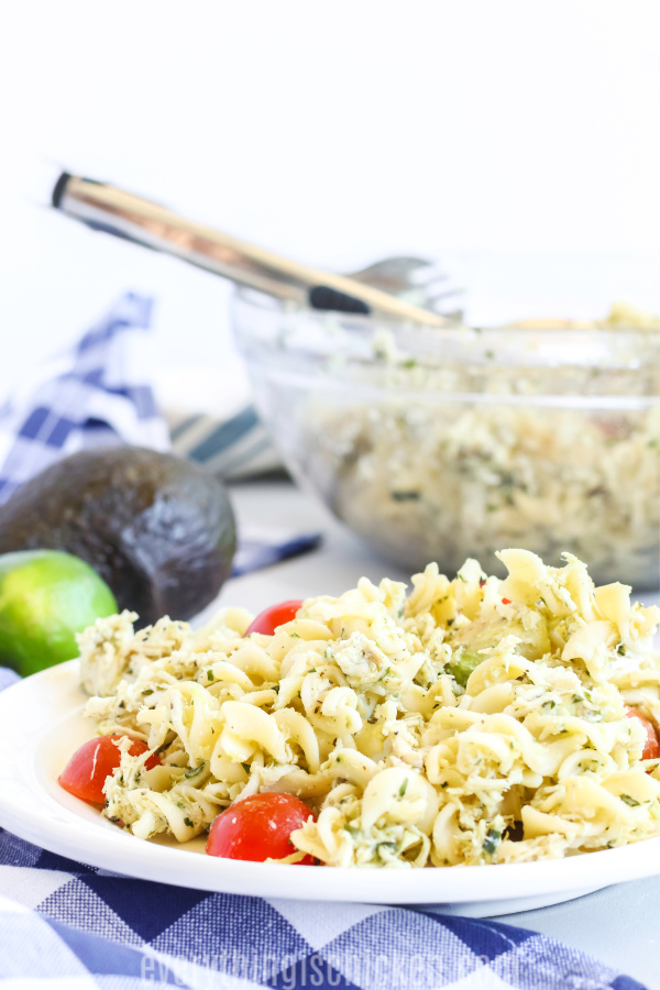 Plate full of Italian pasta salad with chicken on a plate.