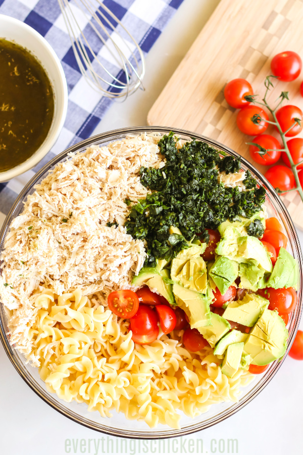 Ingredients in a bowl used to make Italian pasta salad. 