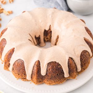 Zucchini bundt cake with cinnamon icing.