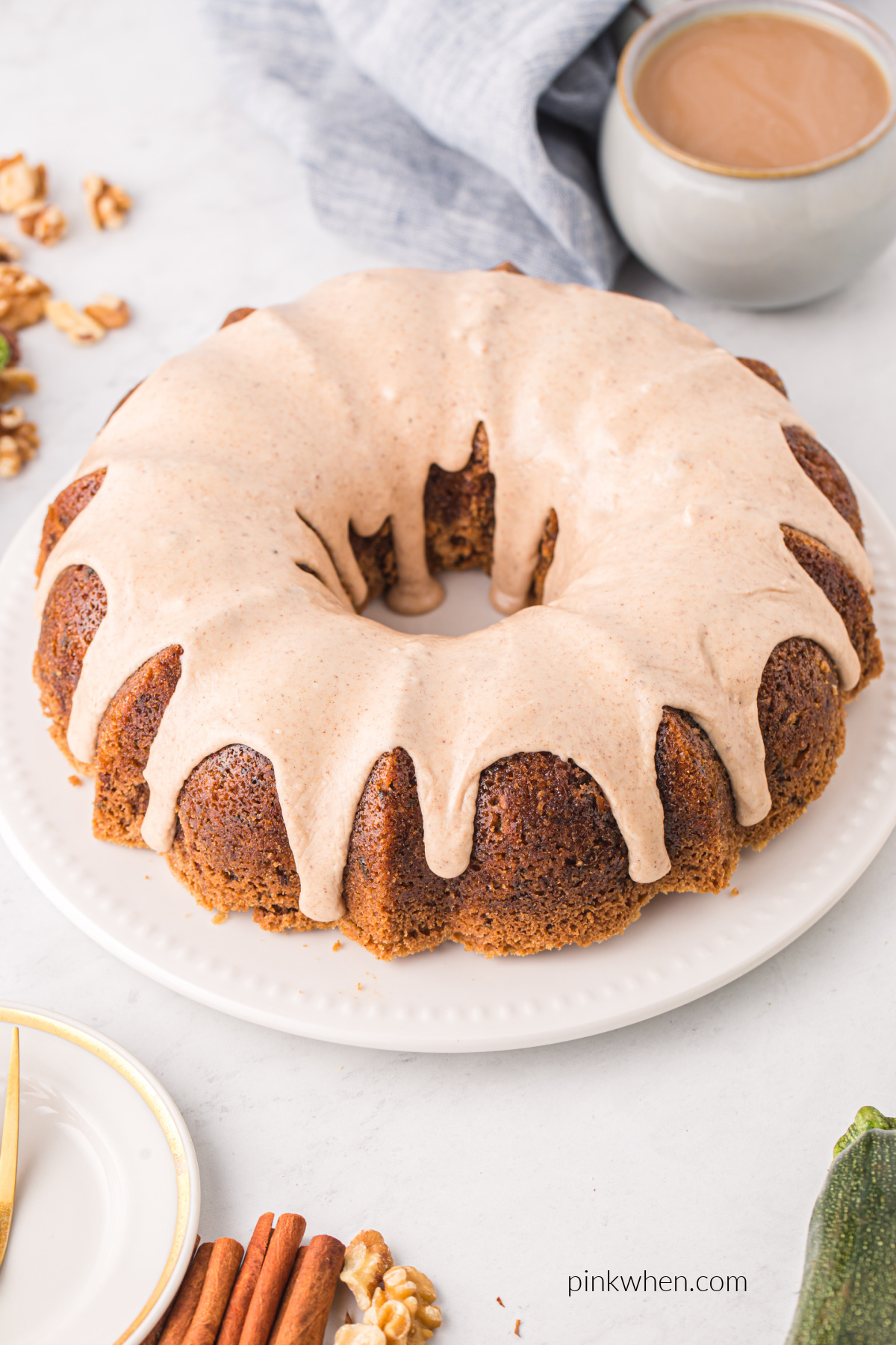 Overhead photo of zucchini bundt cake with cinnamon icing.