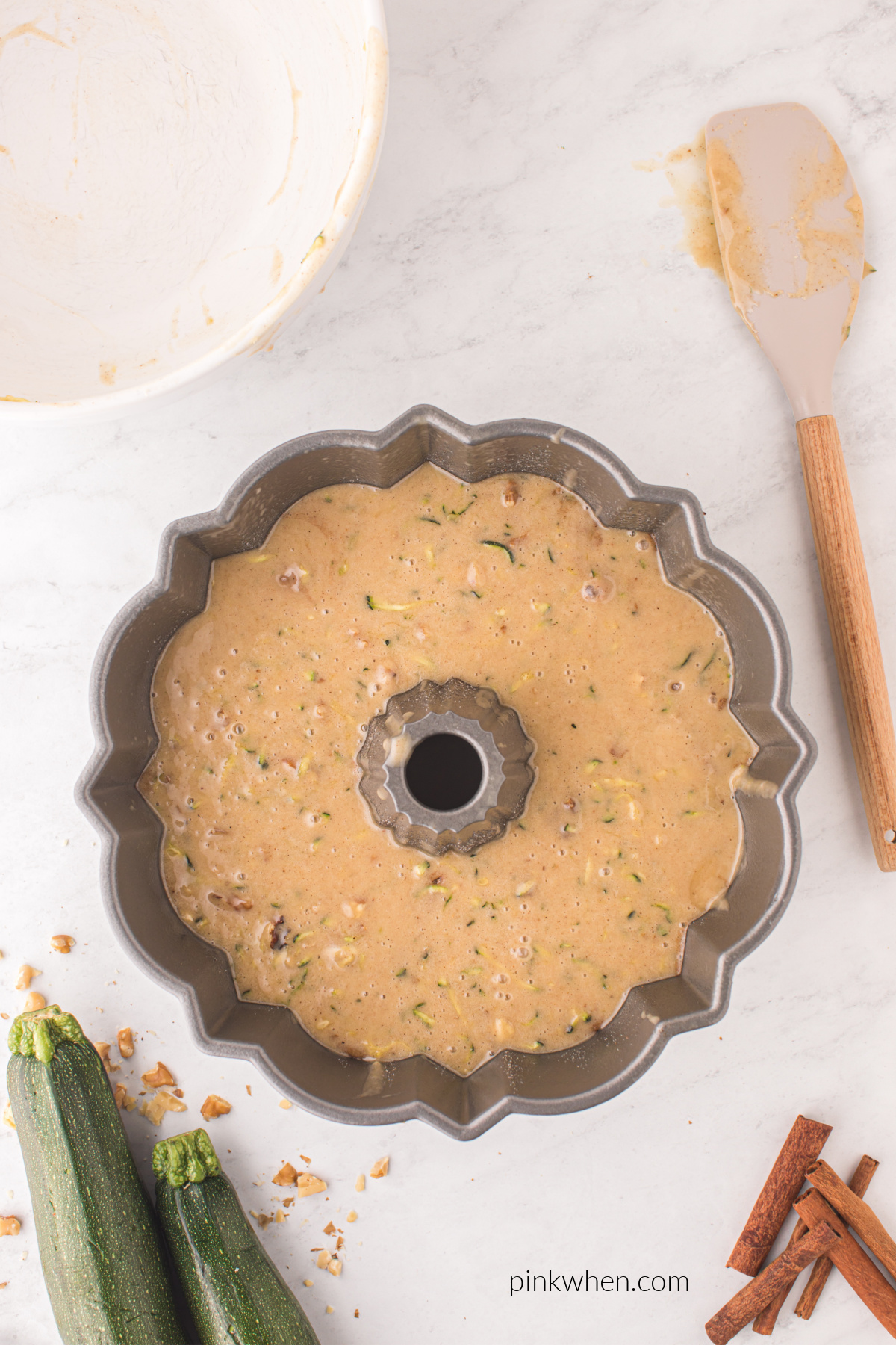 Zucchini cake Batter in the bundt pan.