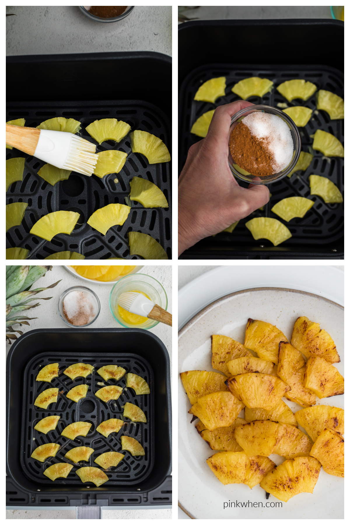 Collage of photos sharing the steps of brushing pineapple chunks with butter, topping the chunks with cinnamon and sugar, air frying the pineapple chunks, and then serving the pineapple chunks on a plate.