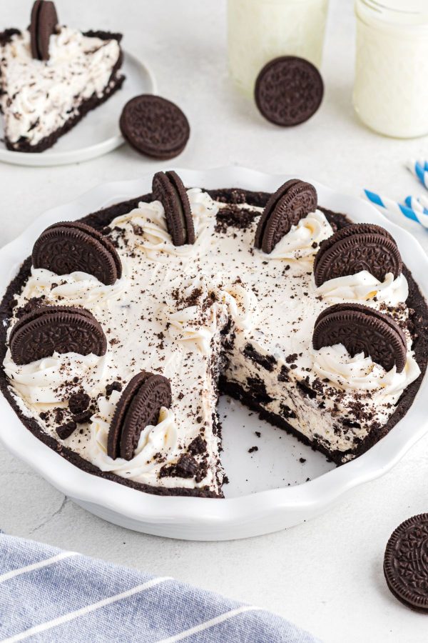 Oreo crust pie filled with pie mixture stuffed with crumbled Oreo's and topped with cool whip. 