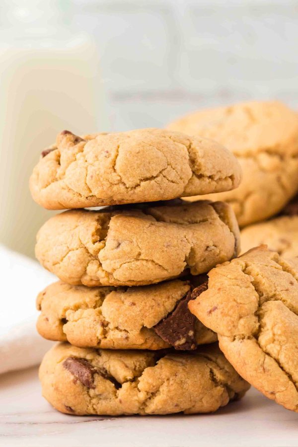 Golden baked cookies with chocolate chunks baked into them. 