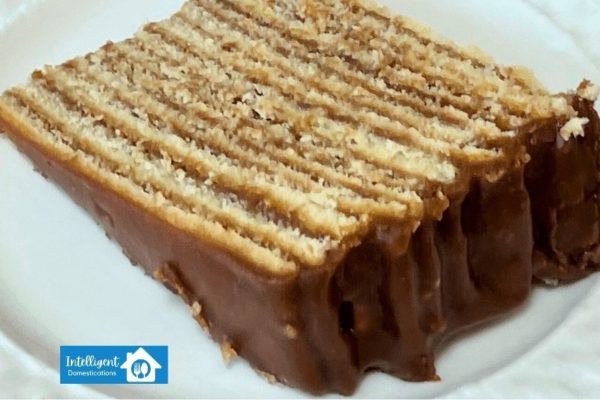 A slice of chocolate cake on a plate.