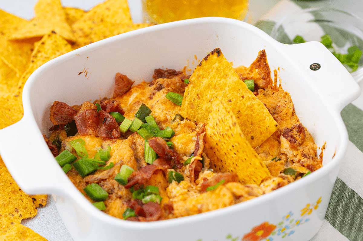 Air Fryer Jalapeno Popper Dip in white dish.