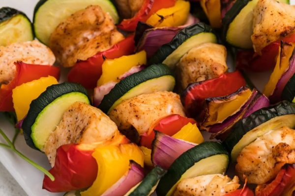 Air fryer chicken kabobs with vegetables.