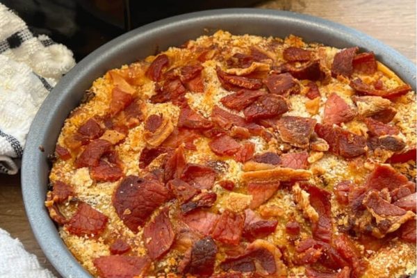 A dish with Air Fryer Green Bean Casserole.