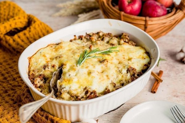 A souffle style strata with gouda cheese, sausage and apples.