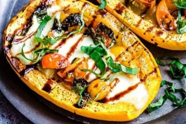 Roasted squash with tomatoes and mozarella.