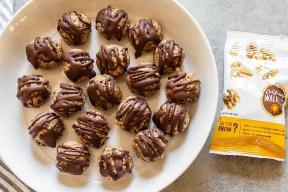 Banana bliss balls on a plate.