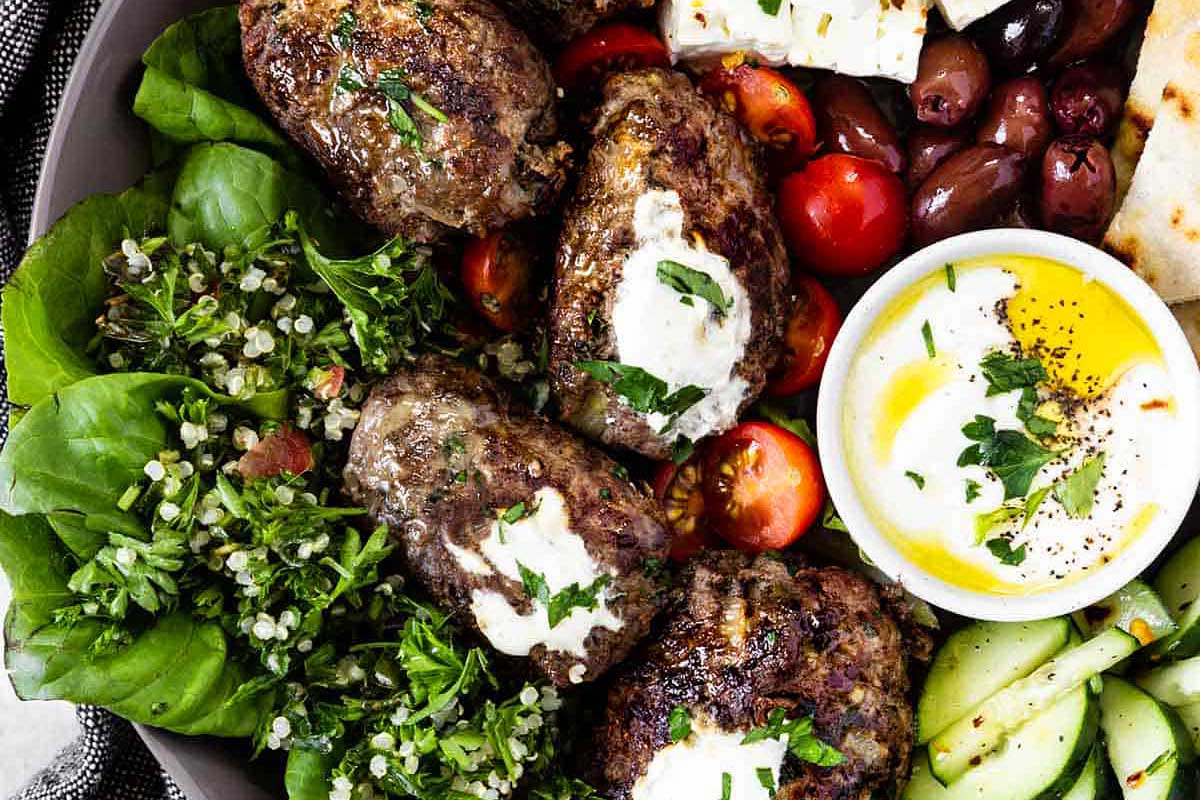 Beef Kofta with vegetables and dip. 