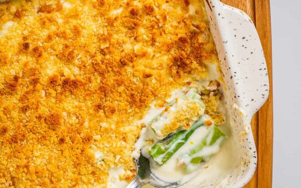 Asparagus with cheese casserole in casserole dish.