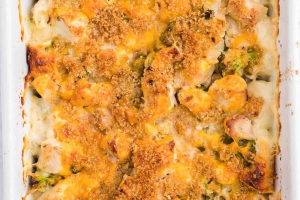 Chicken broccoli biscuit bake in a casserole dish. 