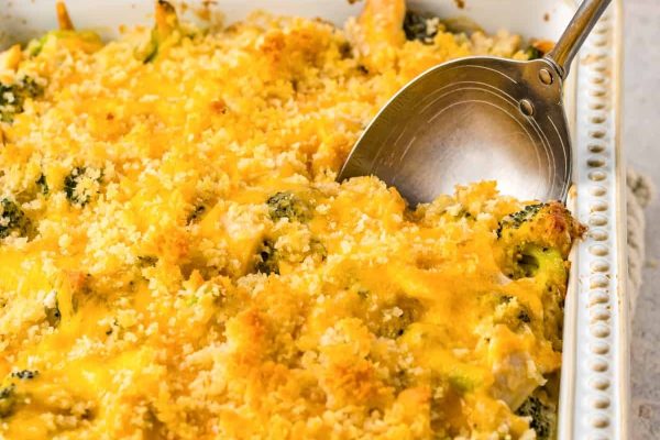 Chicken Divan with a spoon.