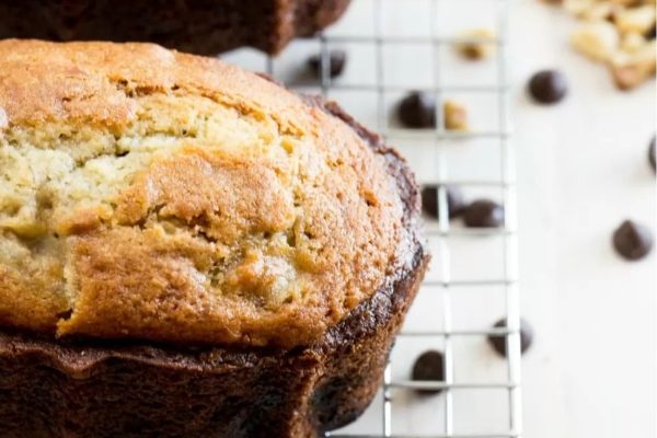 Chocolate chip banana bread on a cooling rack.
