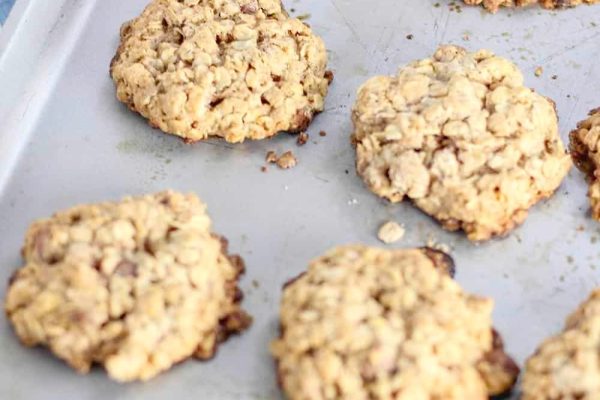 Chocolate chip cookies on a baking tray.