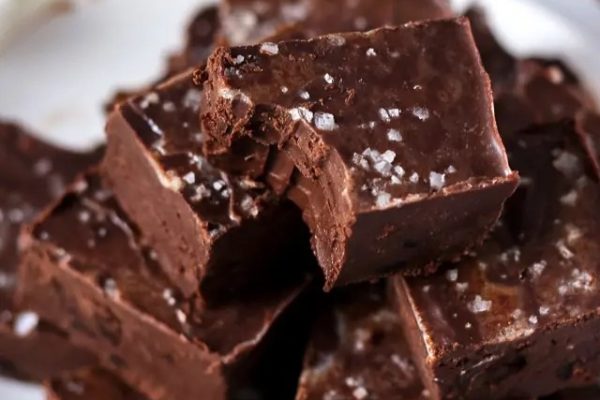 Slices of chocolate fudge and sprinkled with sea salt.