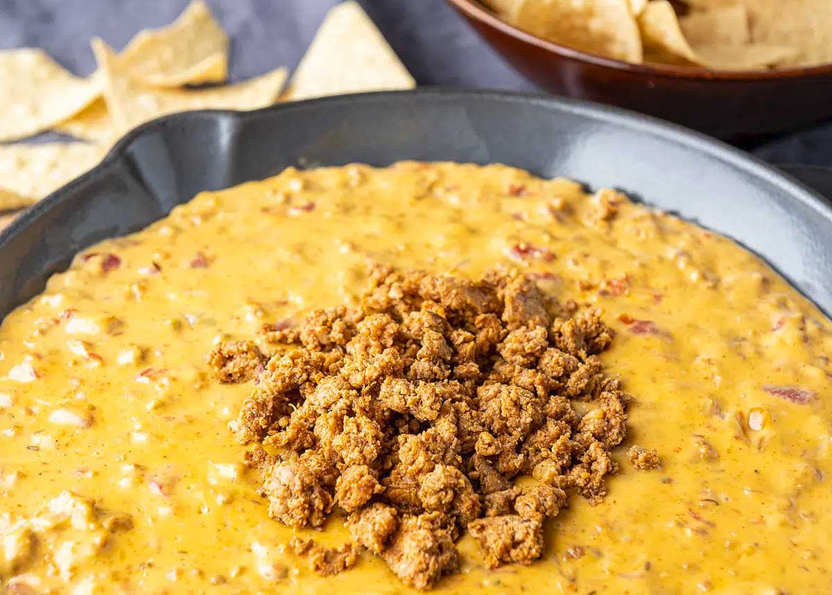 A chorizo dip in a skillet.
