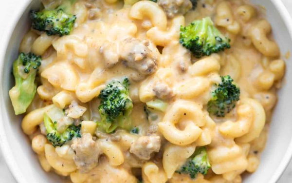 A serving of chorizo mac and cheese with broccoli